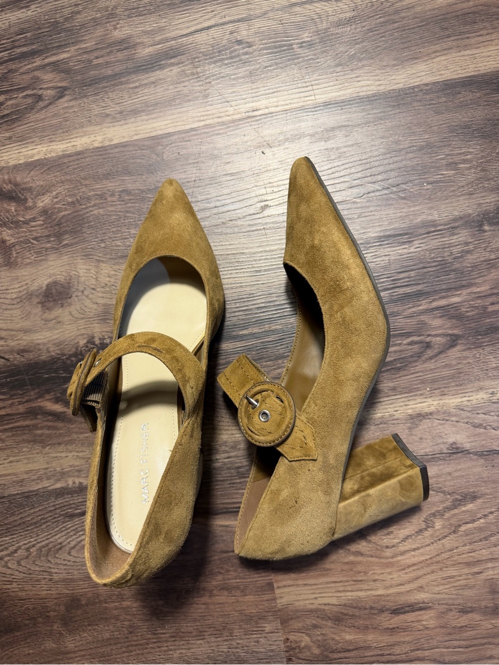 Marc Fisher Carney Suede Pointed Toe MaryJane Block Heel Size 8.5 olive Shoes
